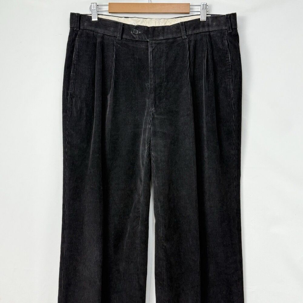 Paul Frederick Mens Pants Black Corduroy Straight Cuffed Pleat Size 36x32